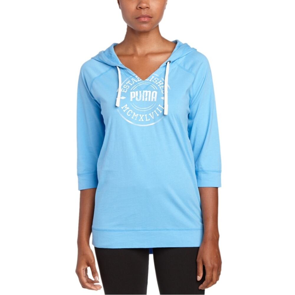 PUMA Light Blue Drawstring Hooded 3/4 Sleeve Sweater Top SMALL Casual Sport NWT